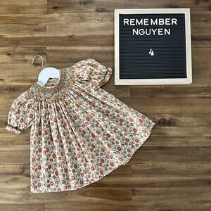 Remember Nguyen Fall Floral Smocked Tunic Top Cream Orange Green Short Sleeves 4